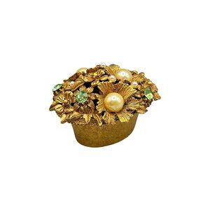 Vintage Florenza Trinket Box Gold Tone Floral Jeweled with Pearls & Rhinestones